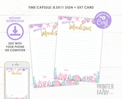 Mermaid 1st Birthday Time Capsule, Editable Sign and Card (Digital Download)
