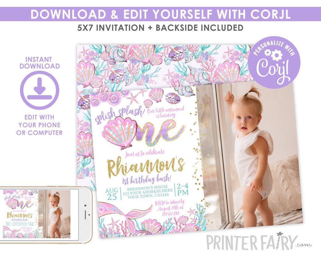 Mermaid 1st Birthday Invitation Editable Template with photo, Instant Download