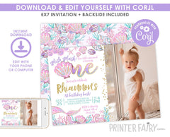 Mermaid 1st Birthday Invitation Editable Template with photo, Instant Download