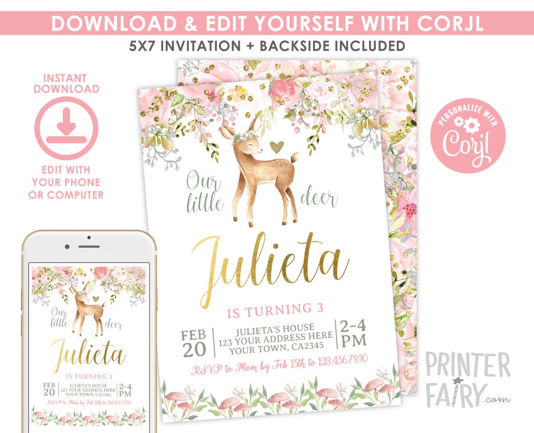 Deer Birthday Party Invitation Editable Template, Winter Party Invite, Any Age, INSTANT DOWNLOAD