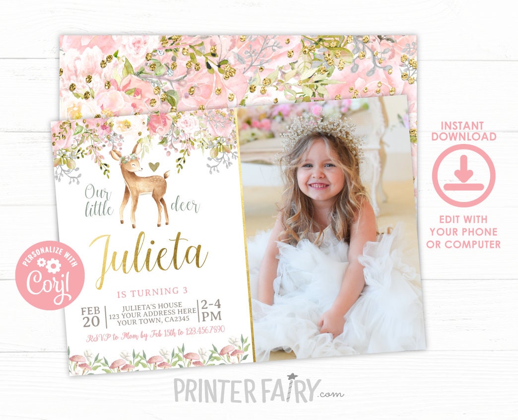 Deer Photo Birthday Invitation, Editable Floral Woodland Fawn (Digital Download)