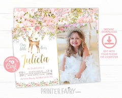 Deer Photo Birthday Invitation, Editable Floral Woodland Fawn (Digital Download)