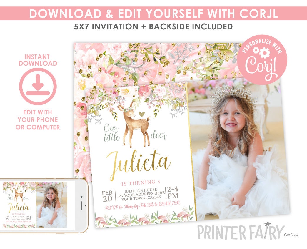 Deer Photo Birthday Invitation, Editable Floral Woodland Fawn (Digital Download)