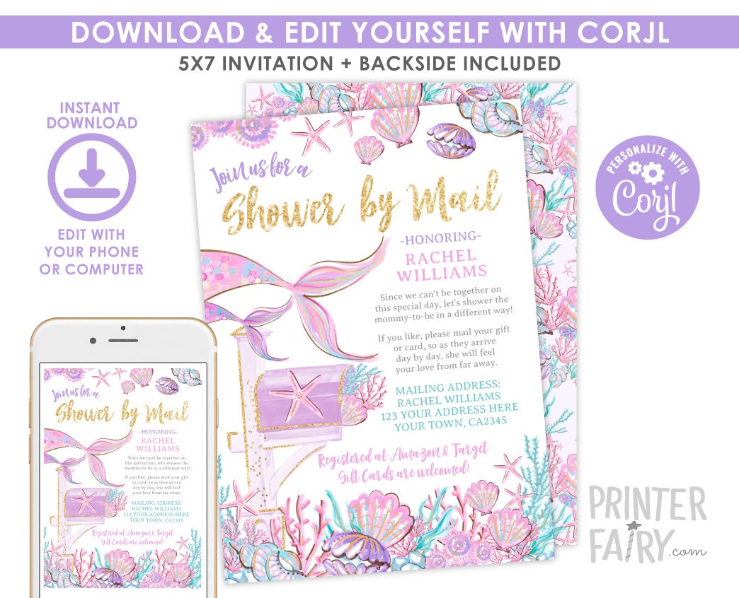 Mermaid Baby Shower By Mail Invitation, Under The Sea (Digital Invitation)