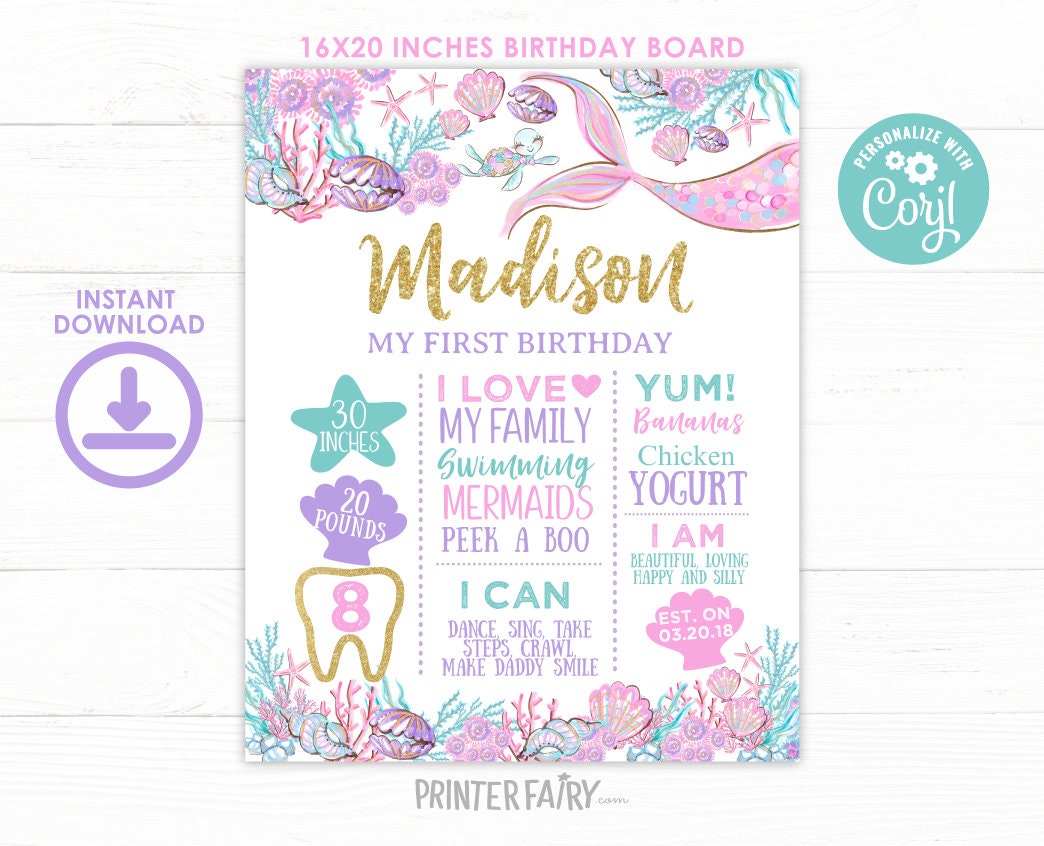 Mermaid Birthday Board, Under the Sea Party Decor (Digital Download)