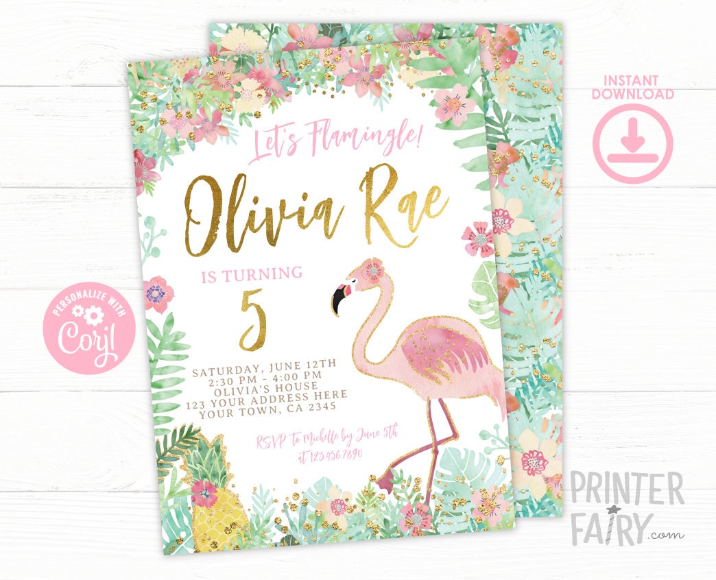 Flamingo Birthday Invitation, EDITABLE, Tropical Theme (INSTANT DOWNLOAD)