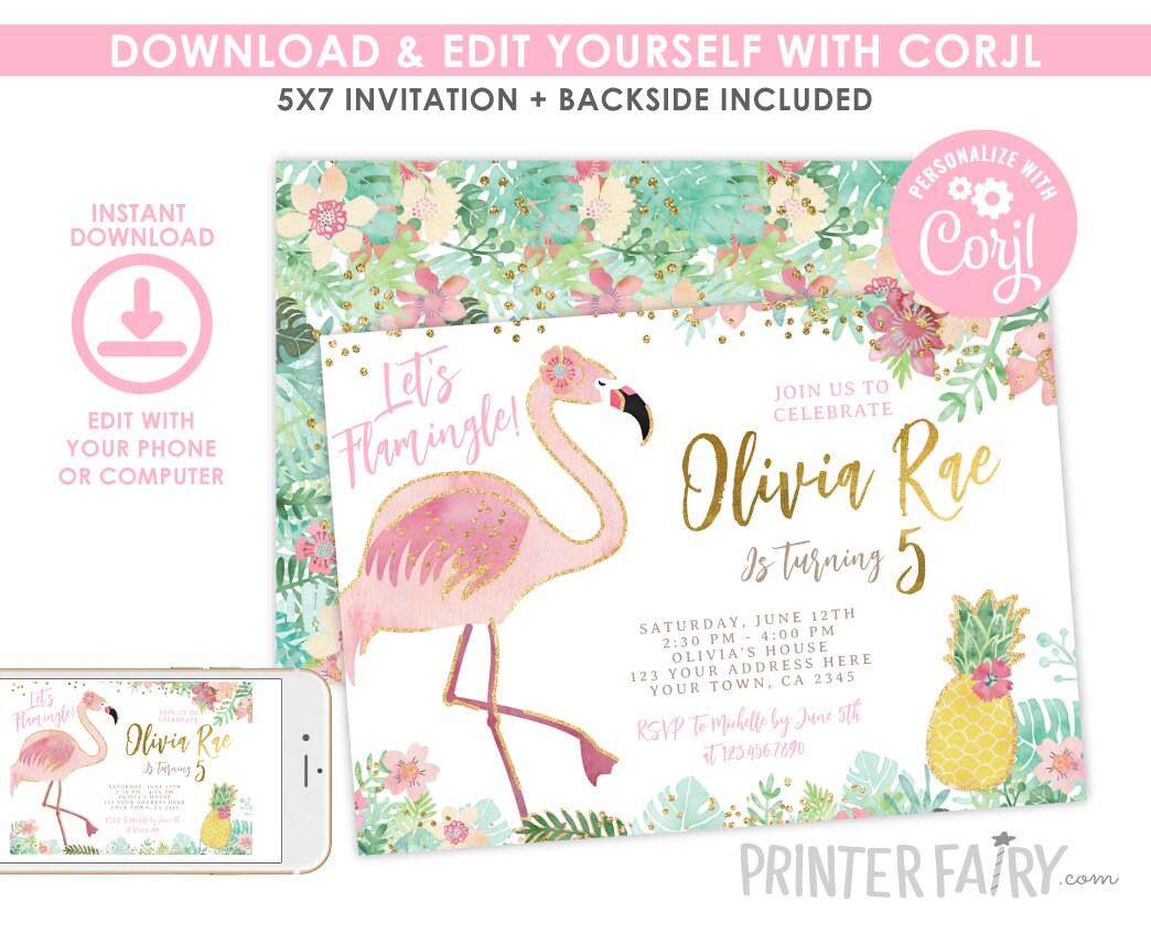 Flamingo Birthday Invitation, Editable Tropical Flamingle (Instant Download)