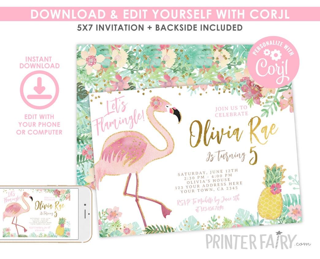 Flamingo Birthday Invitation, Editable Tropical Flamingle (Instant Download)