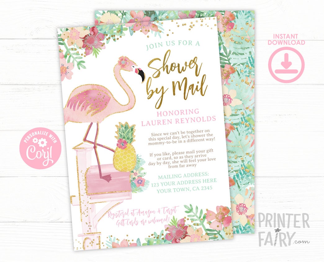 Flamingo Baby Shower by Mail Invitation EDITABLE Template, INSTANT DOWNLOAD