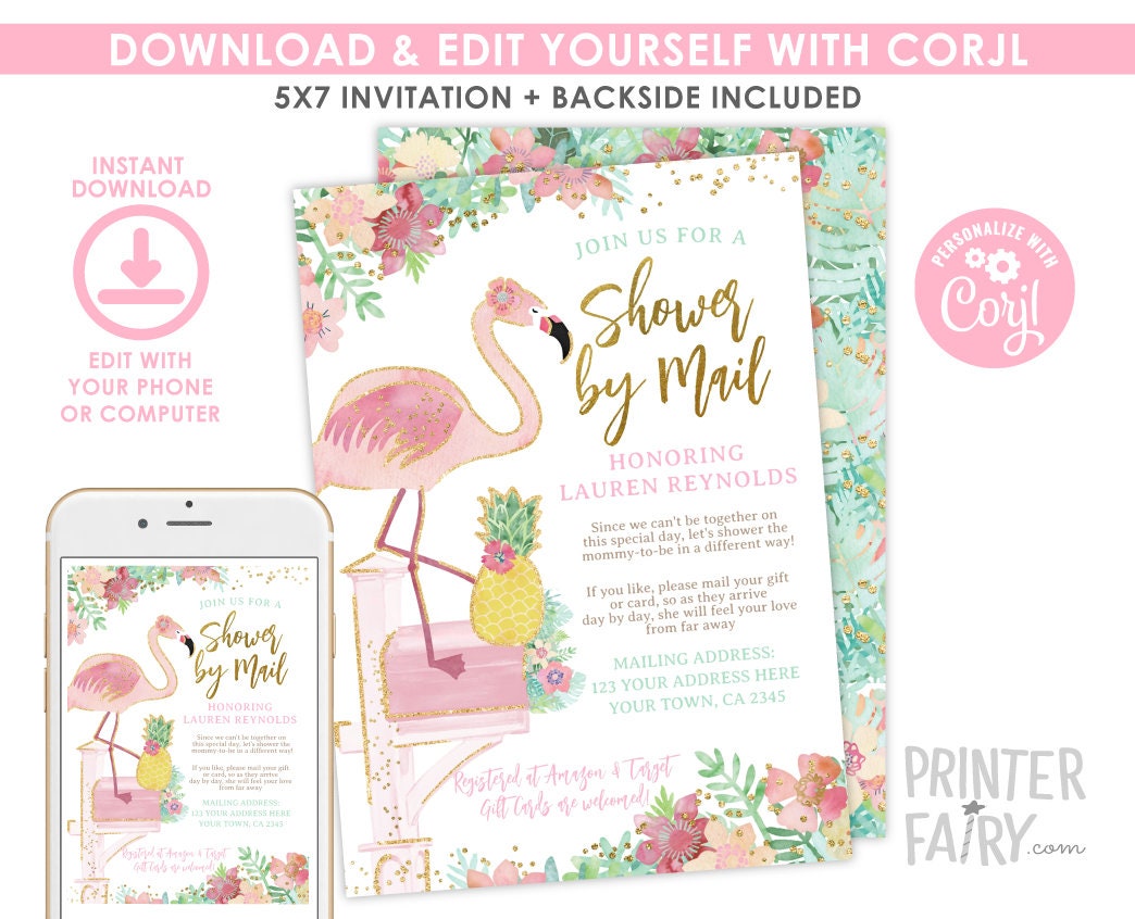 Flamingo Baby Shower by Mail Invitation EDITABLE Template, INSTANT DOWNLOAD