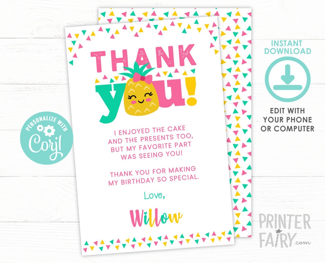 Pineapple Thank You Card, Luau Birthday, Editable (Digital Download)