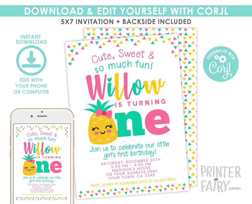 Pineapple First Birthday Invitation, EDITABLE Luau Invite (Instant Download)