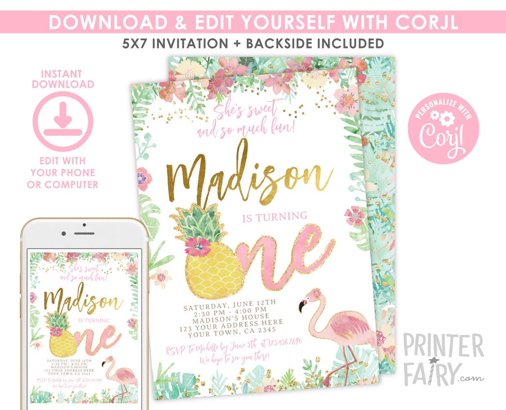 Flamingo Pineapple First Birthday Invitation, Tropical Party (EDITABLE, Instant Download)