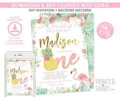 Flamingo Pineapple First Birthday Invitation, Tropical Party (EDITABLE, Instant Download)