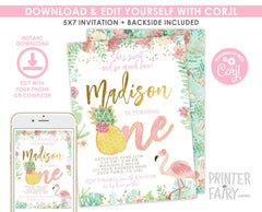 Flamingo Pineapple First Birthday Invitation, Tropical Party (EDITABLE, Instant Download)