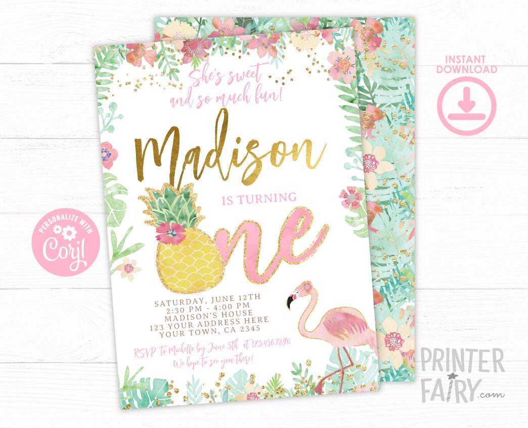 Flamingo Pineapple First Birthday Invitation, Tropical Party (EDITABLE, Instant Download)