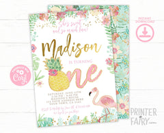 Flamingo Pineapple First Birthday Invitation, Tropical Party (EDITABLE, Instant Download)
