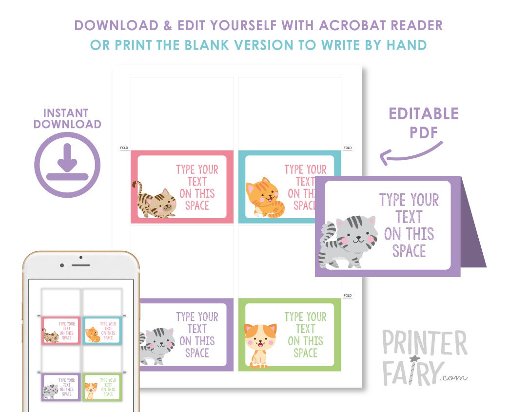 Cat Food labels, Kitty Food Tags, Buffet Cards Blank and Editable PDF, Instant Download