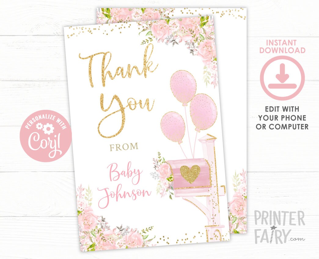 Floral Baby Shower Thank You Cards, Editable (Instant Download)