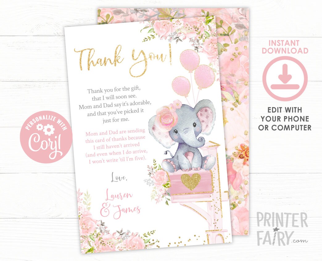Baby Shower by Mail Floral Elephant Thank You Cards EDITABLE Template, Instant Download