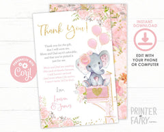 Baby Shower by Mail Floral Elephant Thank You Cards EDITABLE Template, Instant Download