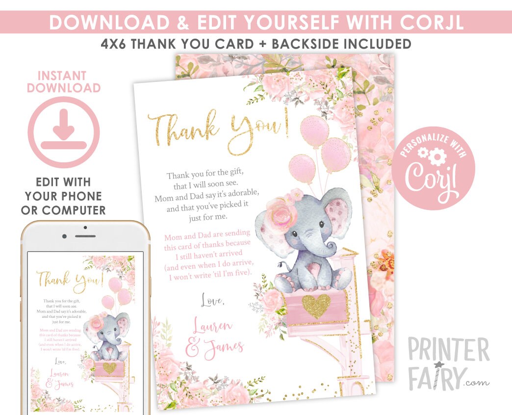 Baby Shower by Mail Floral Elephant Thank You Cards EDITABLE Template, Instant Download