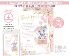 Baby Shower by Mail Floral Elephant Thank You Cards EDITABLE Template, Instant Download