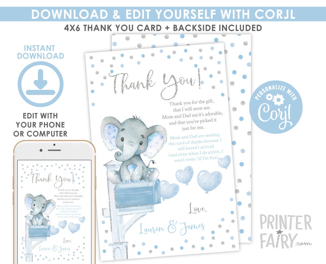 Editable Elephant Baby Shower Thank You Cards (Digital Download)