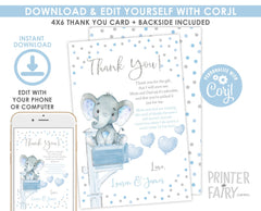 Editable Elephant Baby Shower Thank You Cards (Digital Download)