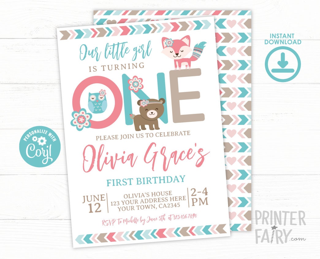 Woodland First Birthday Invitation, Fox Bear Owl (EDITABLE, INSTANT DOWNLOAD)