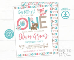 Woodland First Birthday Invitation, Fox Bear Owl (EDITABLE, INSTANT DOWNLOAD)