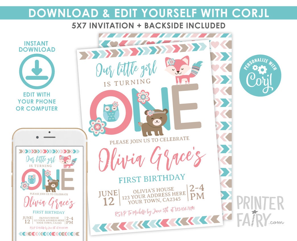 Woodland First Birthday Invitation, Fox Bear Owl (EDITABLE, INSTANT DOWNLOAD)