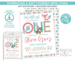 Woodland First Birthday Invitation, Fox Bear Owl (EDITABLE, INSTANT DOWNLOAD)