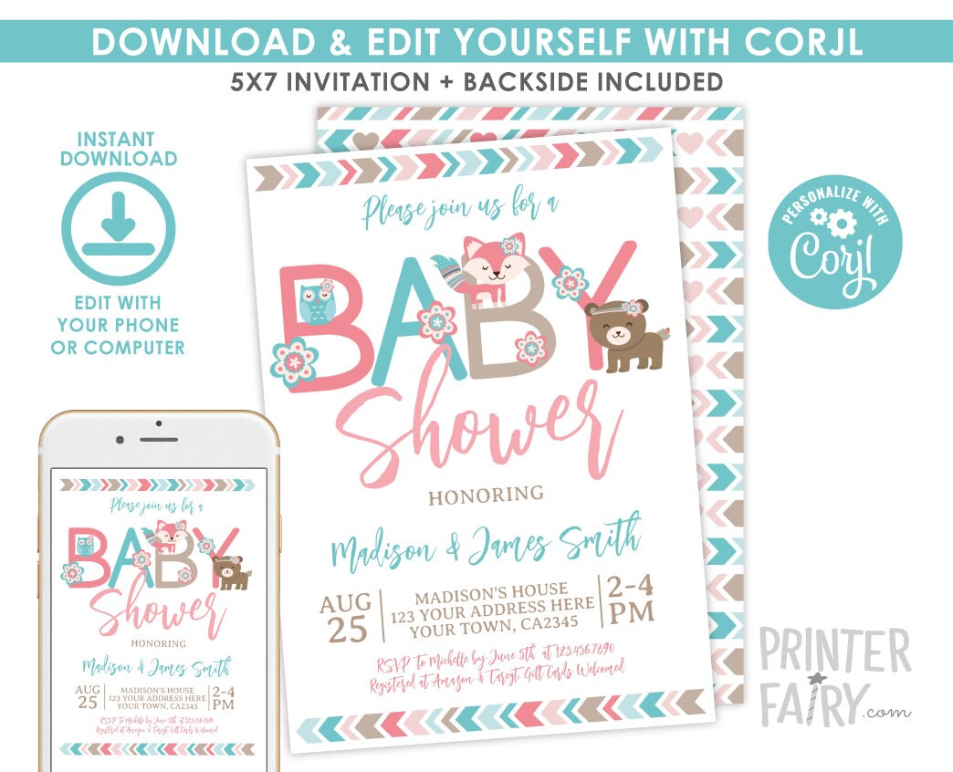Woodland Girl Baby Shower Invitation, Editable Tribal Design (Digital Download)