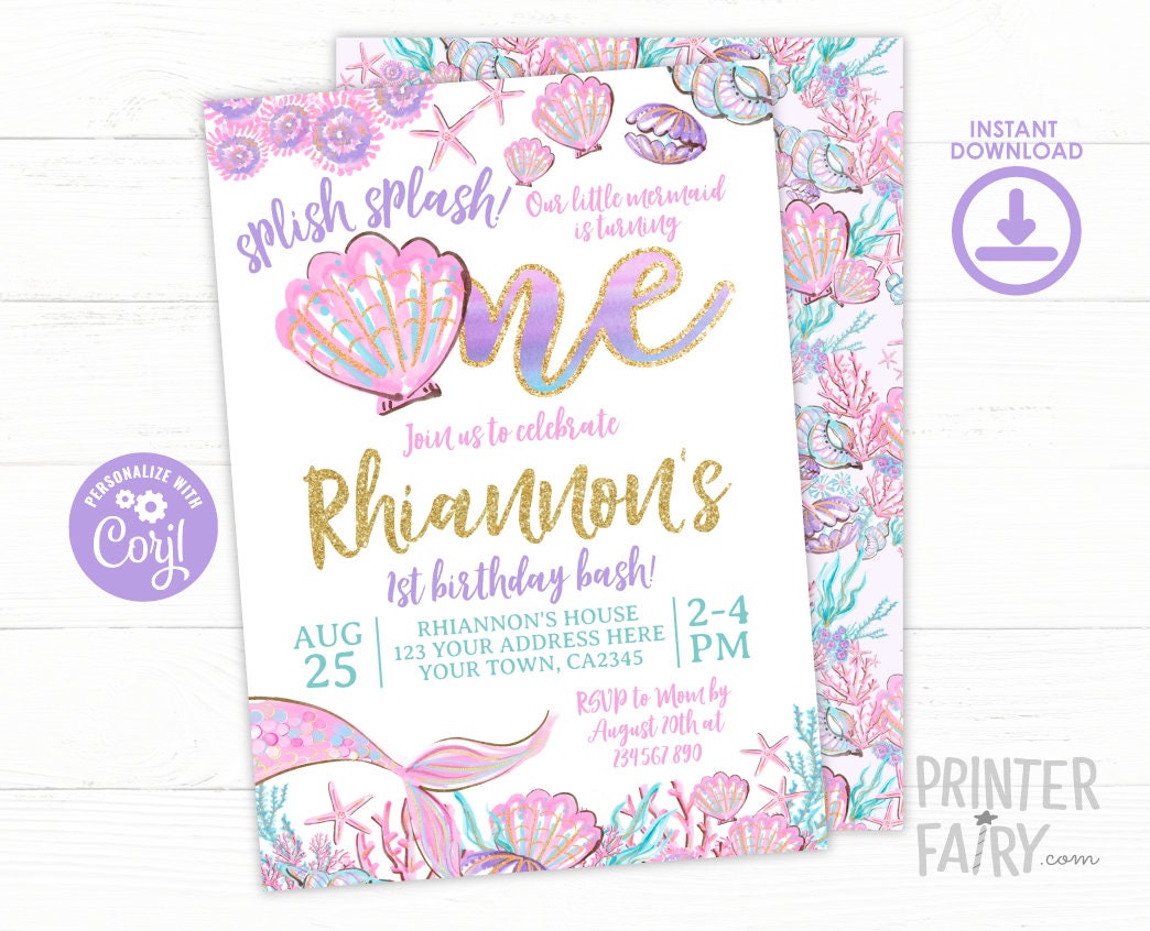 Mermaid 1st Birthday Invitation, Under the Sea Party (Digital Invitation)