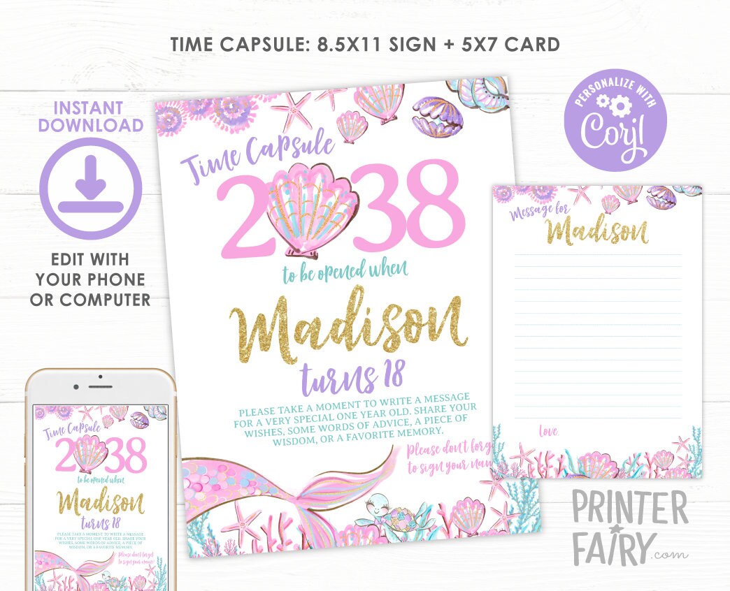 Mermaid 1st Birthday Time Capsule, Editable Sign and Card (Digital Download)