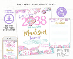 Mermaid 1st Birthday Time Capsule, Editable Sign and Card (Digital Download)