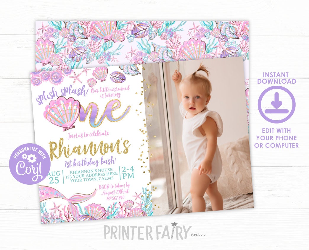 Mermaid 1st Birthday Invitation Editable Template with photo, Instant Download