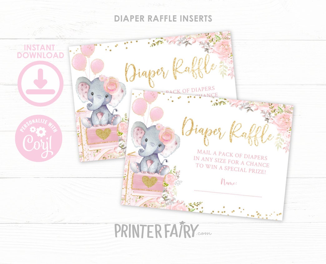 Editable Elephant Diaper Raffle Ticket (Baby Shower by Mail) (Digital Download)