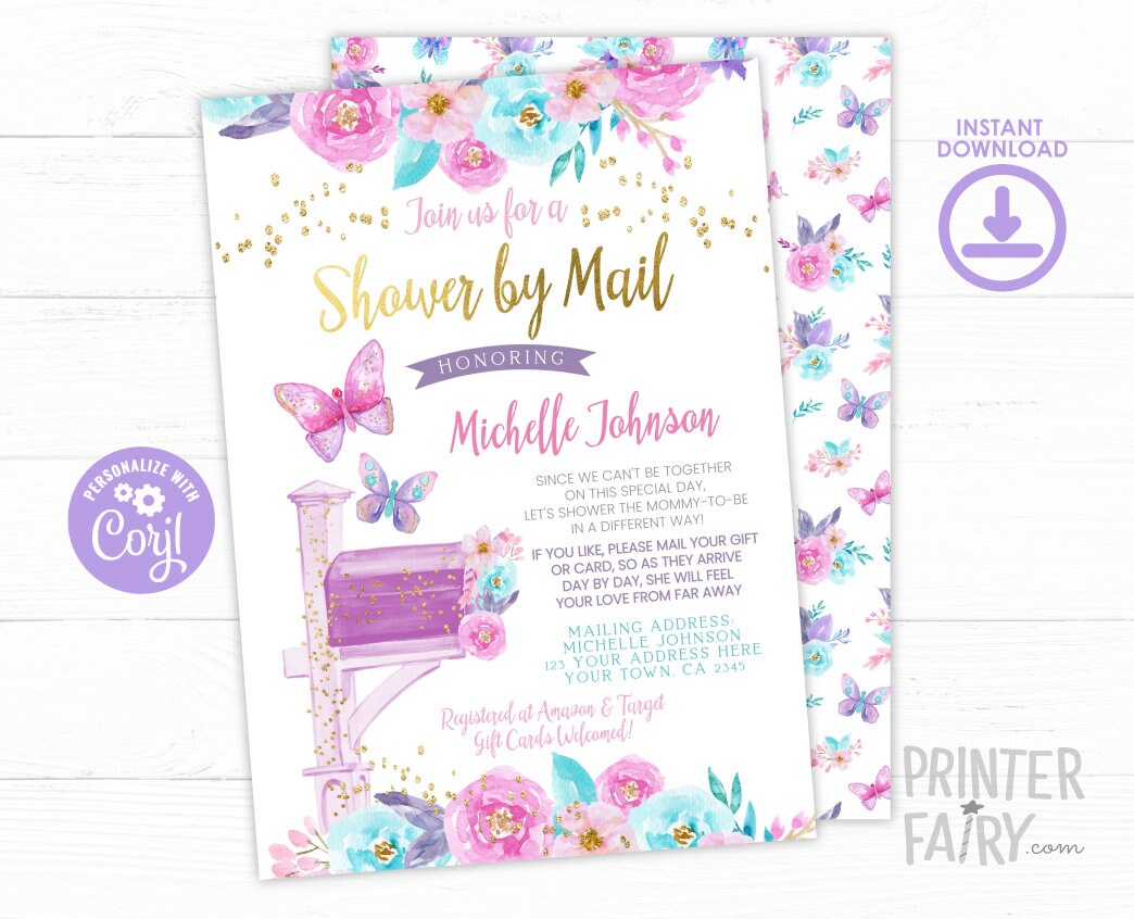 Butterfly Baby Shower by Mail Invitation Editable Template, INSTANT DOWNLOAD