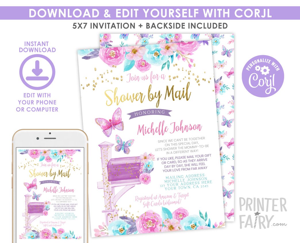 Butterfly Baby Shower by Mail Invitation Editable Template, INSTANT DOWNLOAD