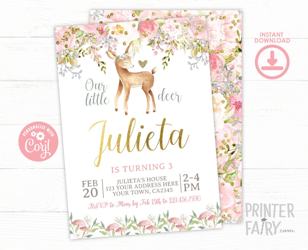 Deer Birthday Party Invitation Editable Template, Winter Party Invite, Any Age, INSTANT DOWNLOAD