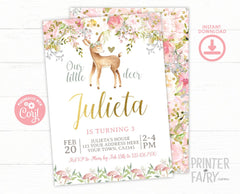 Deer Birthday Party Invitation Editable Template, Winter Party Invite, Any Age, INSTANT DOWNLOAD