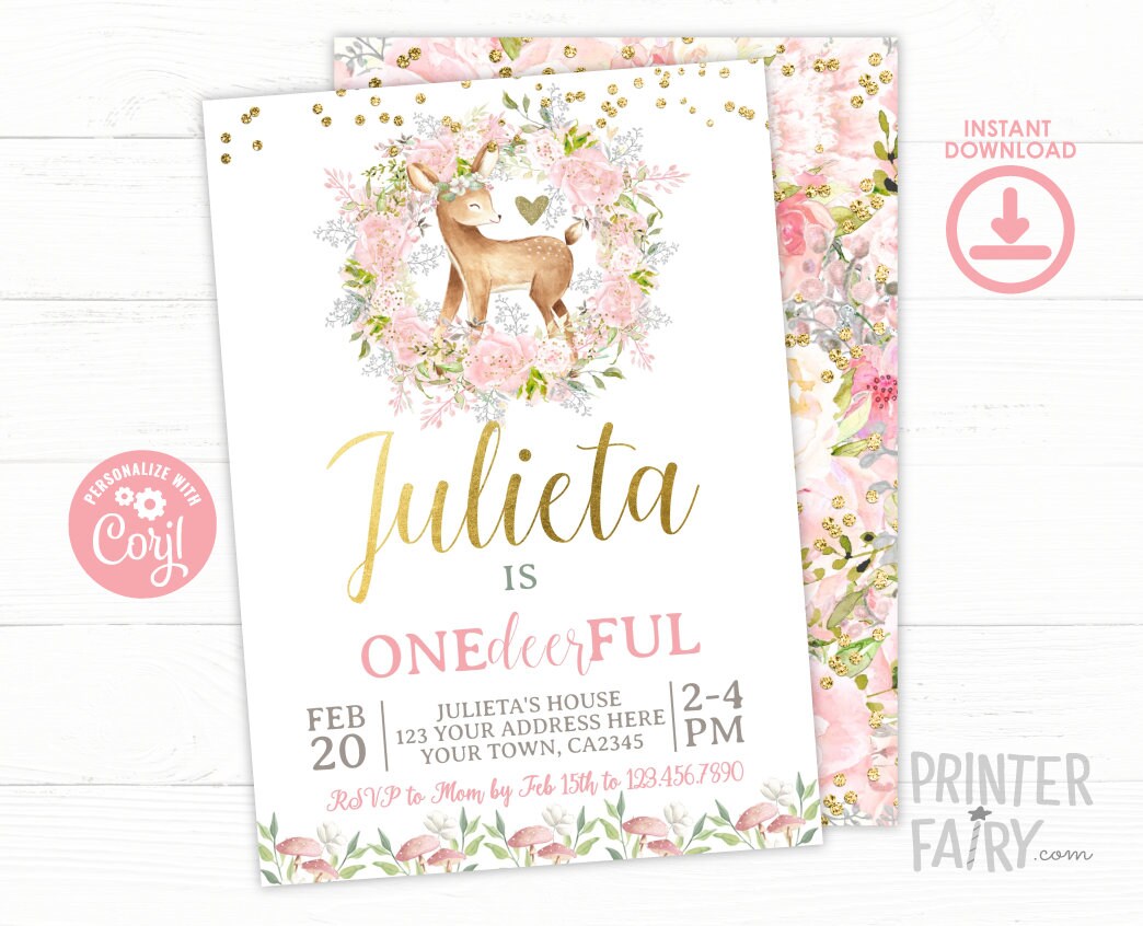 Deer First Birthday Invitation, Floral Woodland Theme (EDITABLE, Digital Download)