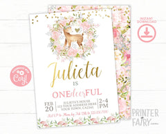 Deer First Birthday Invitation, Floral Woodland Theme (EDITABLE, Digital Download)