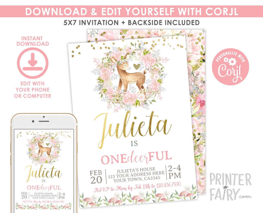 Deer First Birthday Invitation, Floral Woodland Theme (EDITABLE, Digital Download)