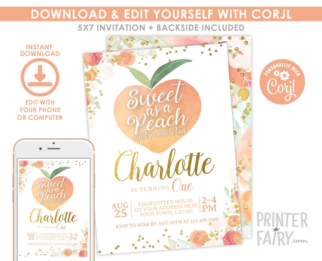 Peach First Birthday Invitation, Floral Girl Birthday, Editable (Instant Download)