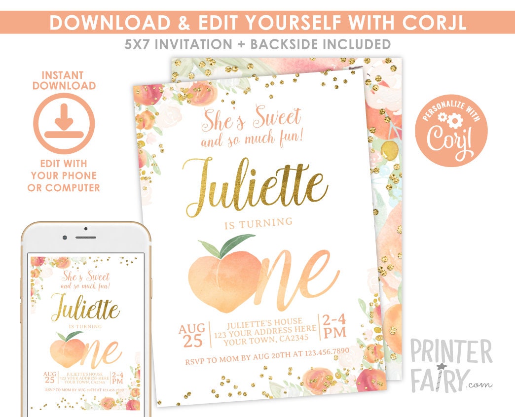 Peach First Birthday Invitation, Floral Girl Invite (EDITABLE, INSTANT DOWNLOAD)