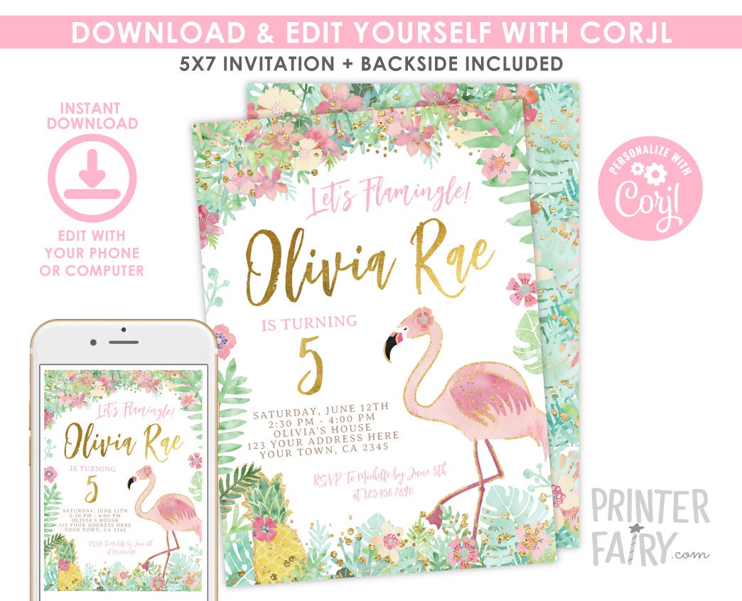 Flamingo Birthday Invitation, EDITABLE, Tropical Theme (INSTANT DOWNLOAD)