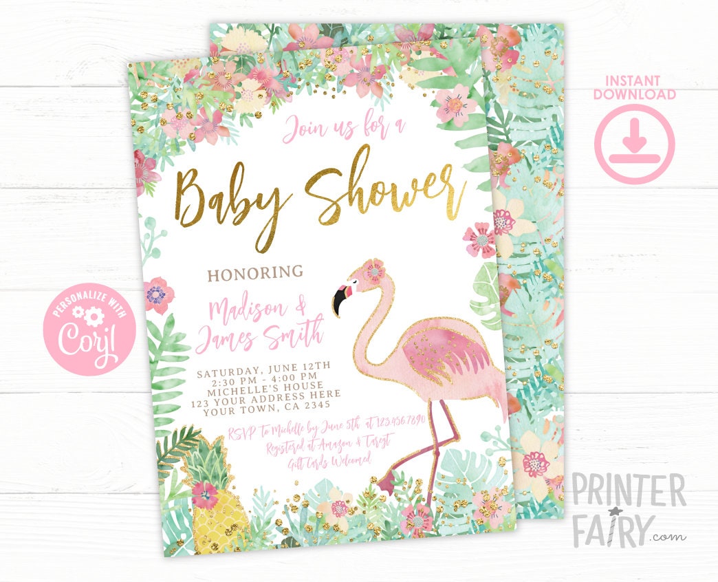Flamingo Tropical Baby Shower Invitation, Editable (Digital Download)